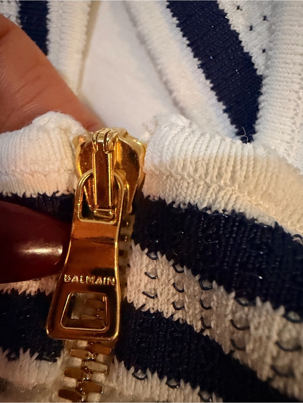 BALMAIN Striped Cross-Front Knit Crop Top - White & Navy GOLD ZIP Sz 34 36 - Picture 11 of 14